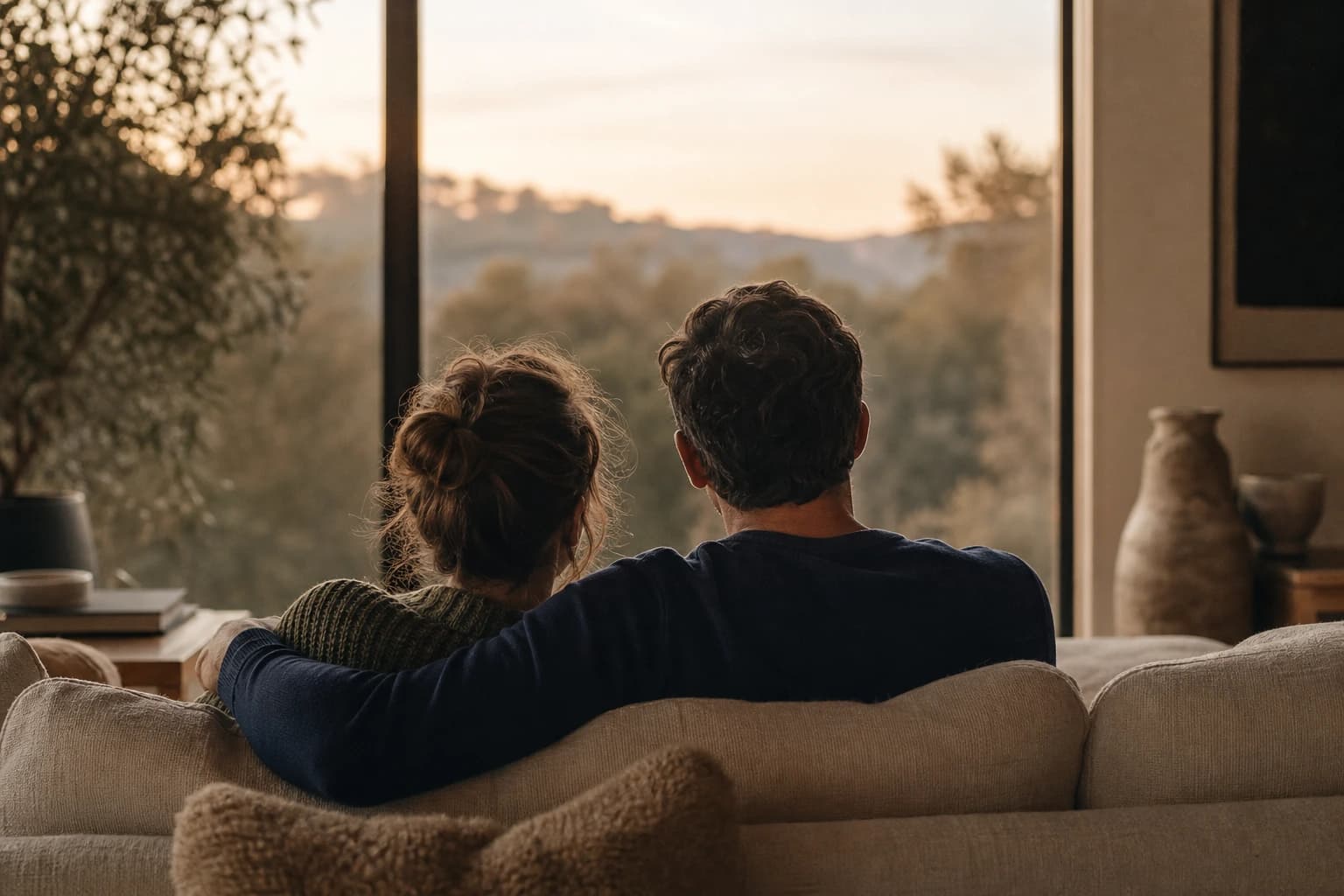 Two people sitting together and looking out over the landscape